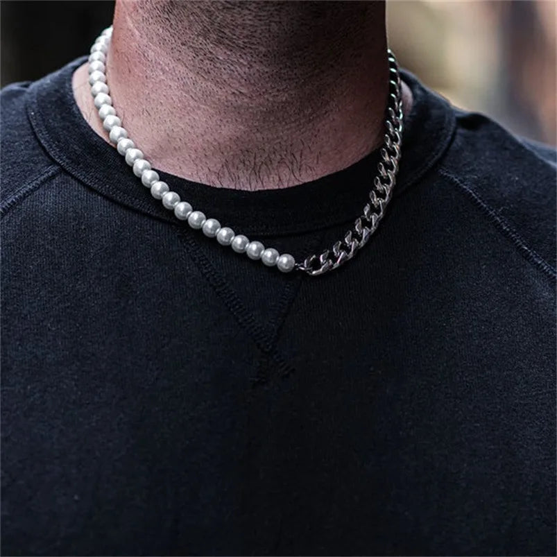 Half Pearl Half Cuban Chain Necklace – Hip-Hop Punk Choker for Men & Women - Image 2