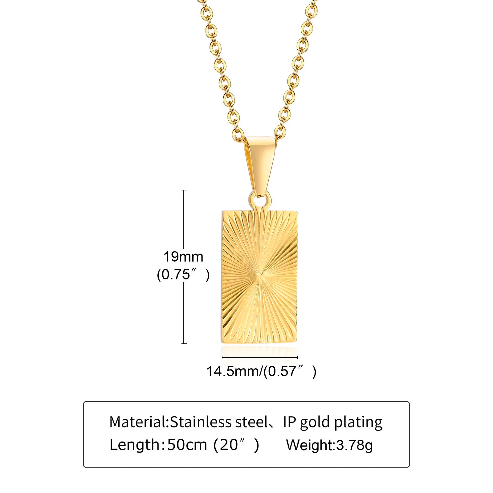 Gold-Plated Sunburst Pendant Necklace – Embossed Rectangle Charm for Men - Image 3