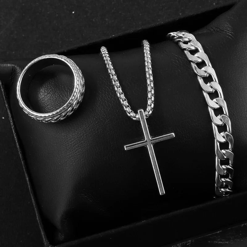 3pcs/Set Punk Black Cross Jewelry – Men's Necklace, Thick Chain Bracelet & Ring Set - Image 3
