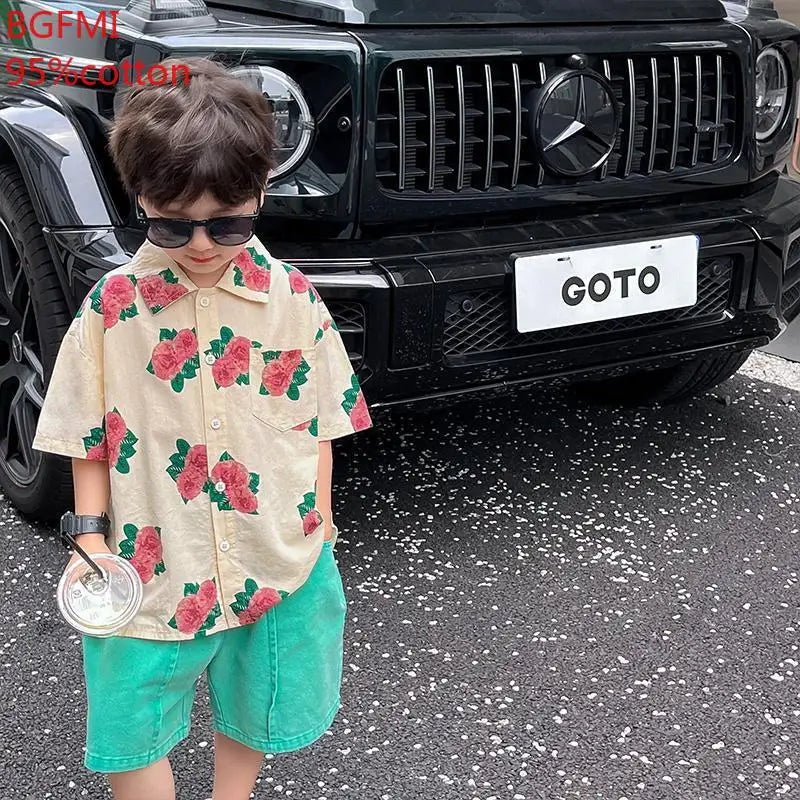 2-9Y Boys Pure Cotton Shirt and Green Shorts 2-piece Summer Shirt Short Sleeved Shorts Set 2025 Baby Boy Beach Vacation Clothes - Image 4