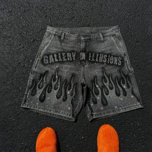 Y2K Vintage Distressed Flame Pattern Denim Shorts – Rhinestone-Embellished High Waist Streetwear for Men & Women