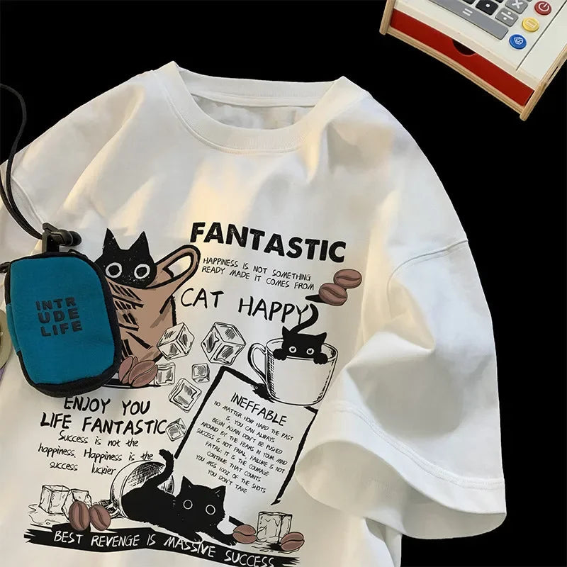 New Men & Women Oversized Korean Version Cartoon Cat Group Printed T-Shirt - Image 5