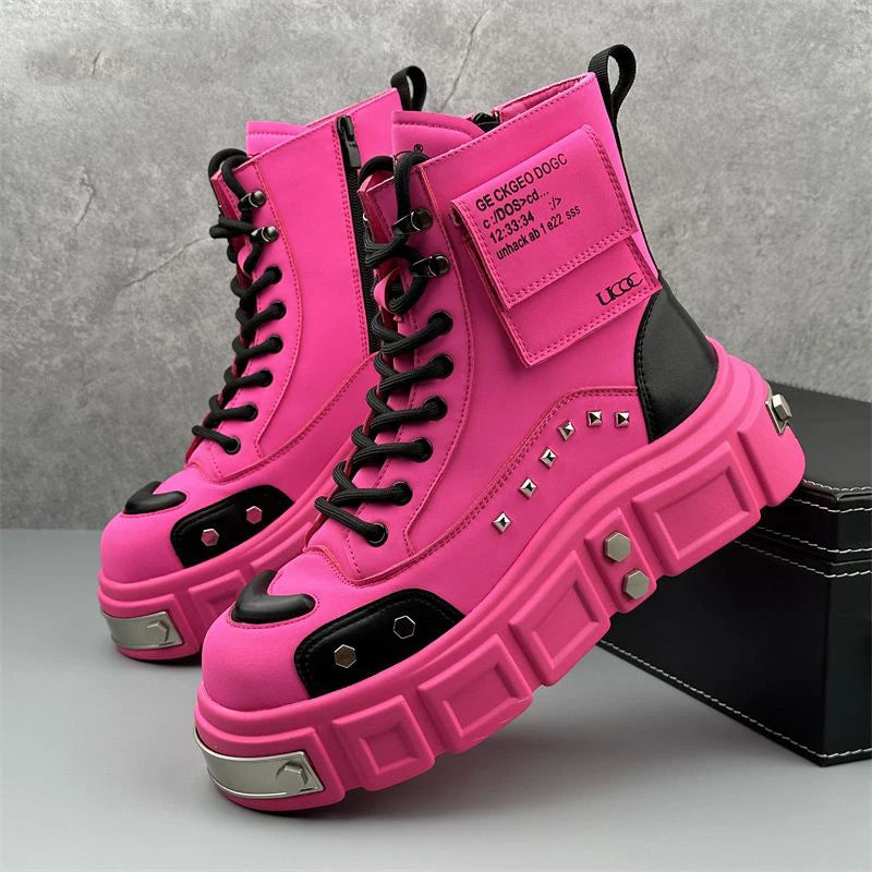 Men’s Fashion Leather Boots – Metal Rivet Decor Punk Motorcycle Hip-Hop Dance Boots