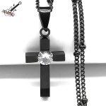 Hip-Hop Cross Rhinestone Pendant Necklace – Black Stainless Steel Religious Amulet for Men & Women