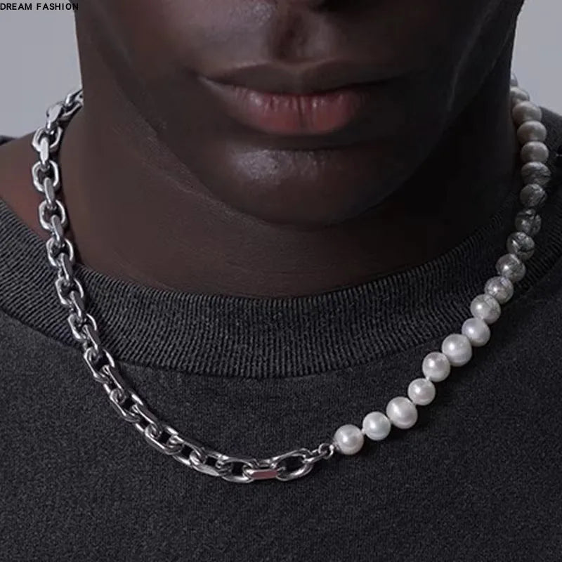 Half Pearl Half Cuban Chain Necklace – Hip-Hop Punk Choker for Men & Women - Image 7
