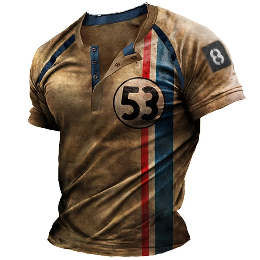 Men’s 3D Letter Stripe Print Henley Shirt – Casual Oversized Vintage Summer Tee