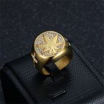 Hip Hop Iced Out Hemp Leaf Ring – Gold Stainless Steel Bling Ring for Men