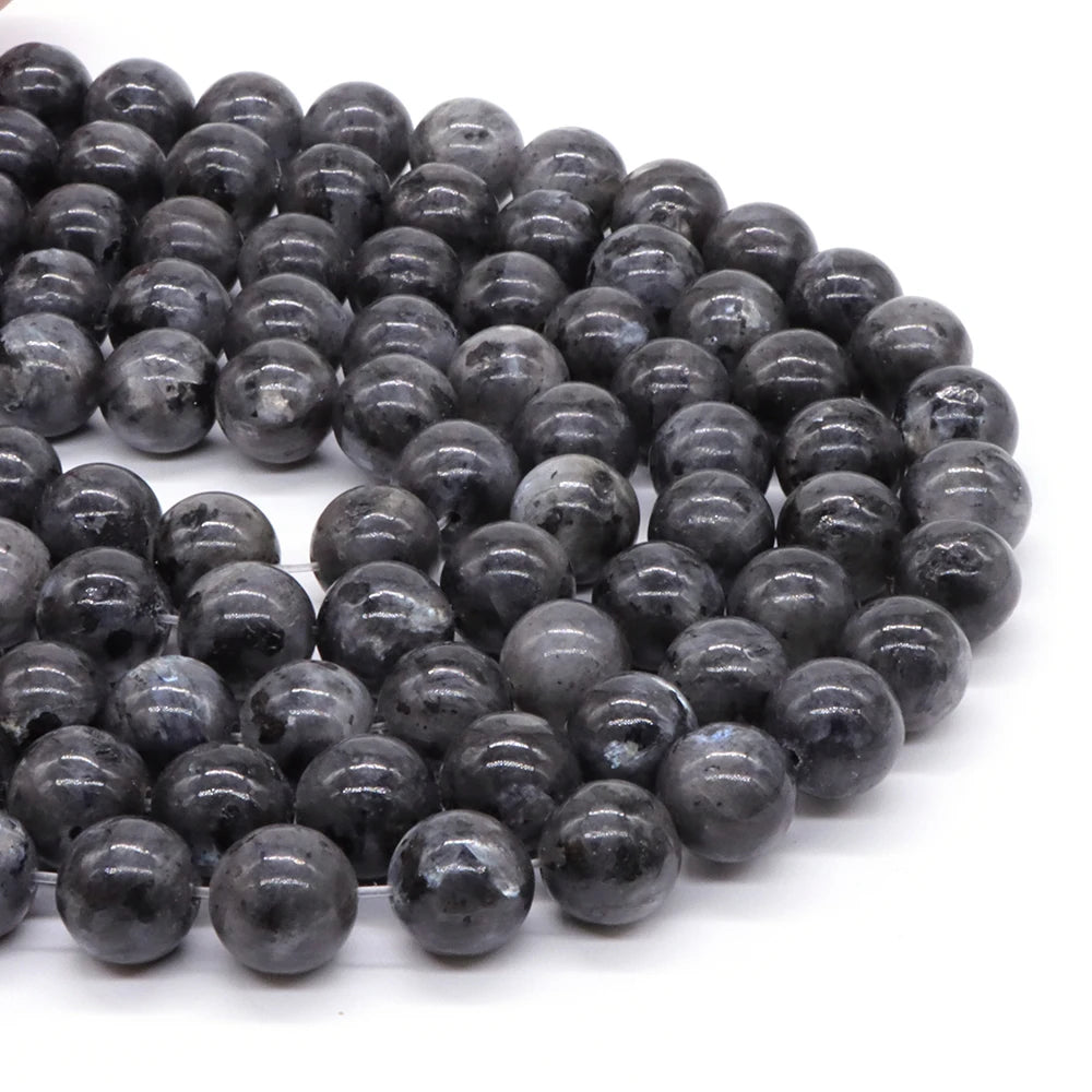 Natural Black Larvikite Labradorite Round Beads – Loose Stone Strand for DIY Jewelry Making