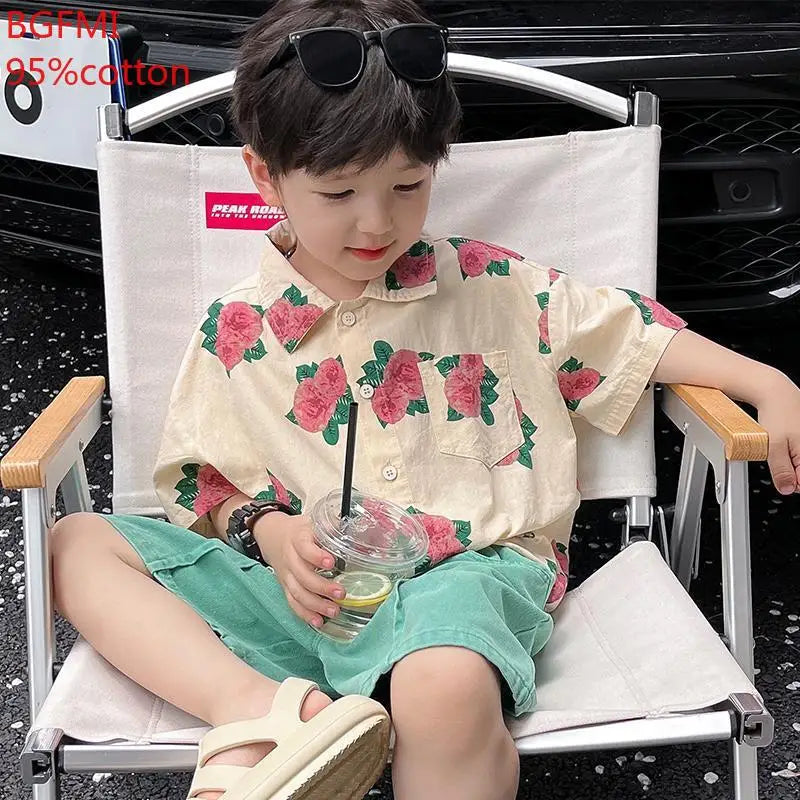 2-9Y Boys Pure Cotton Shirt and Green Shorts 2-piece Summer Shirt Short Sleeved Shorts Set 2025 Baby Boy Beach Vacation Clothes - Image 2