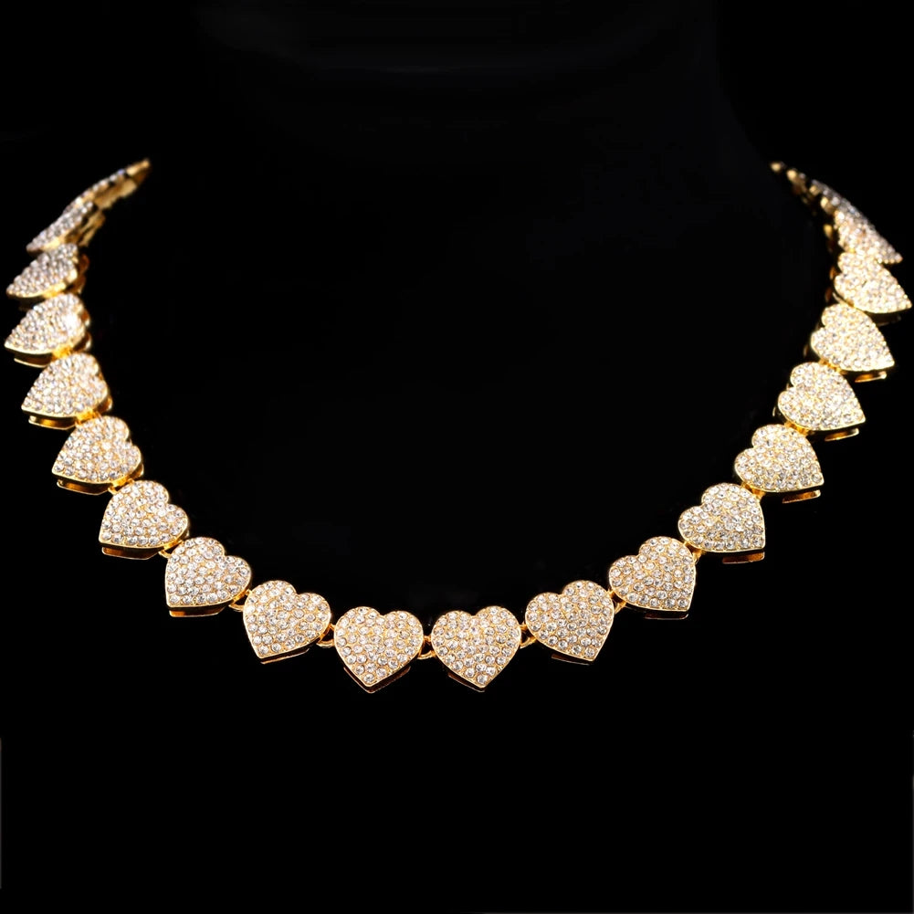 Bling Luxury Paved Crystal Heart Cuban Link Chain Necklace - Image 10