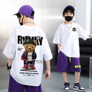 2025 Children's Clothing American Vintage Bear Print Graphic T Shirts Boys Summer Cotton Short-sleeved T-shirt Tops Streetwear