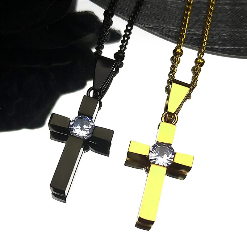 Hip-Hop Cross Rhinestone Pendant Necklace – Black Stainless Steel Religious Amulet for Men & Women - Image 2