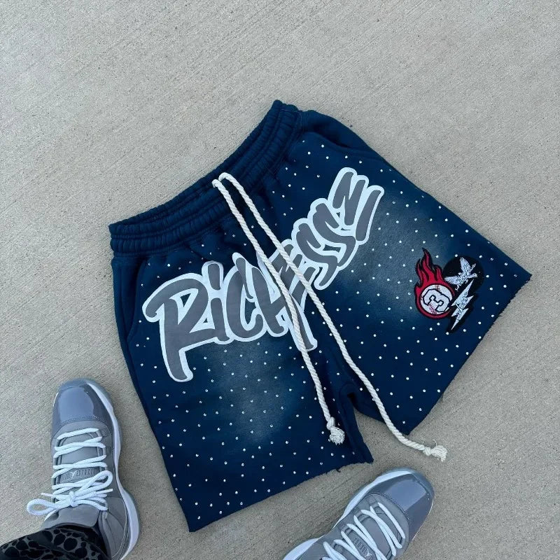 Y2K Harajuku Rhinestone Letter Print Shorts – Men’s Hip-Hop Streetwear Cotton Sweatpants - Image 10