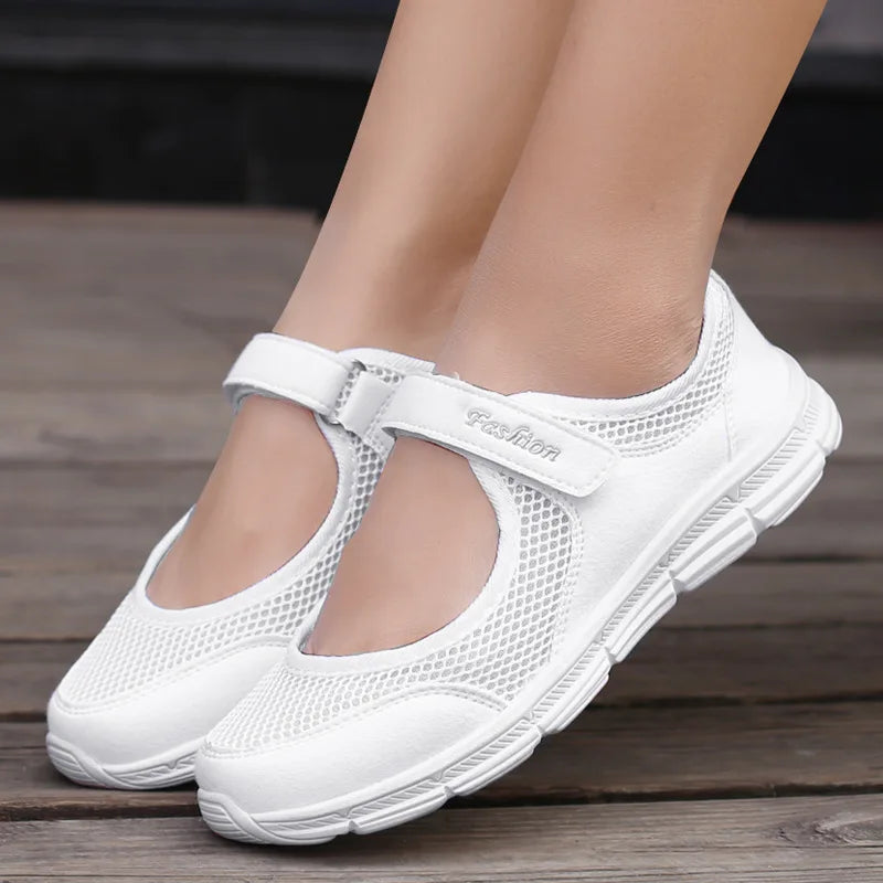 Women’s Breathable Vulcanized Sneakers – White Mesh Casual Walking & Work Shoes - Image 2