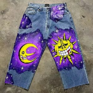 Y2K High Street Goth Harajuku Printed Baggy Jeans – Unisex Wide-Leg High Waist Casual Pants