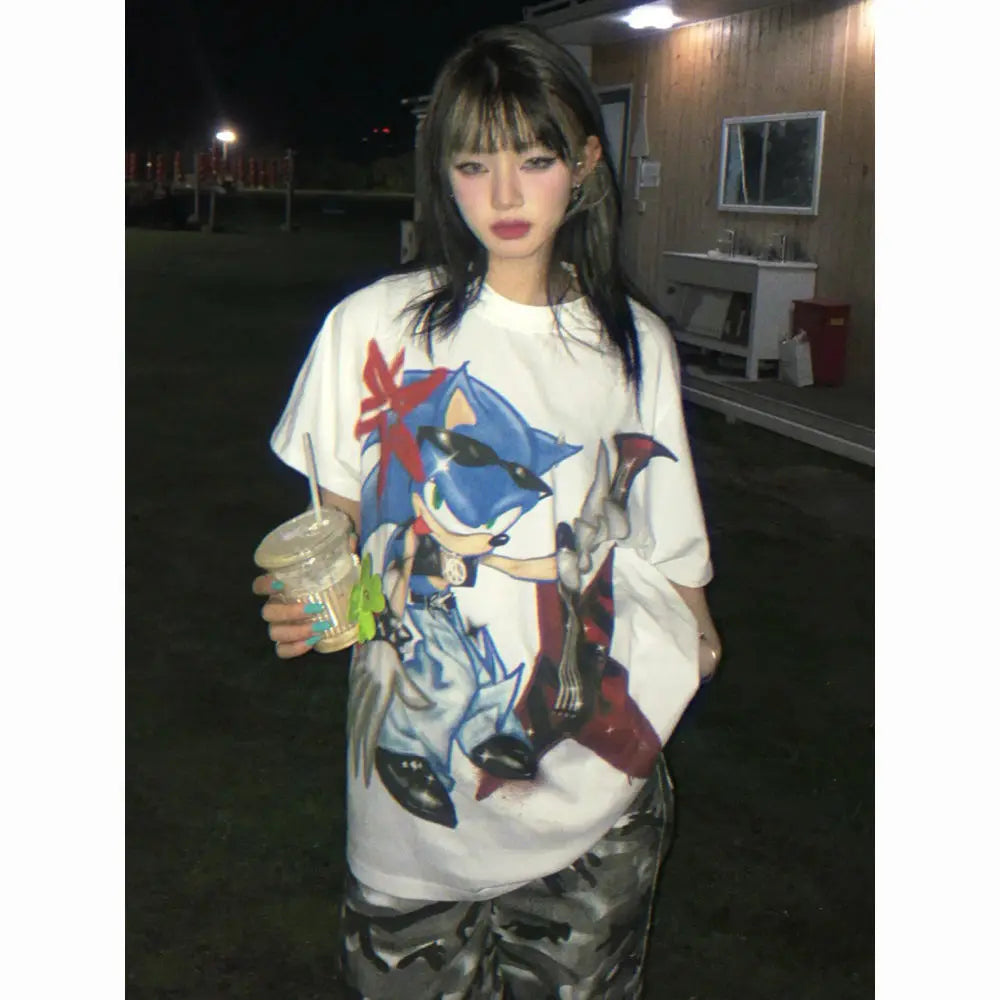 Harajuku Anime Retro Motorcycle Loose Top Trendy Clothing Gothic Street Hip-hop High Street Y2K Oversized Short Sleeved - Image 2