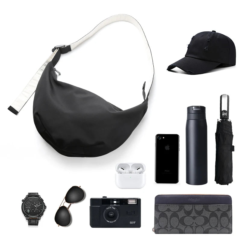 Solid Half Moon Hobo Crossbody Bag – Waterproof Oxford Shoulder Bag for Men - Image 3