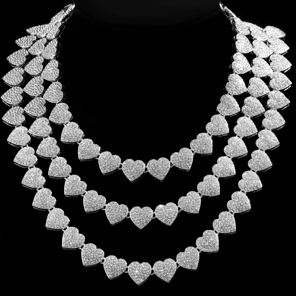 Bling Luxury Paved Crystal Heart Cuban Link Chain Necklace - Image 3