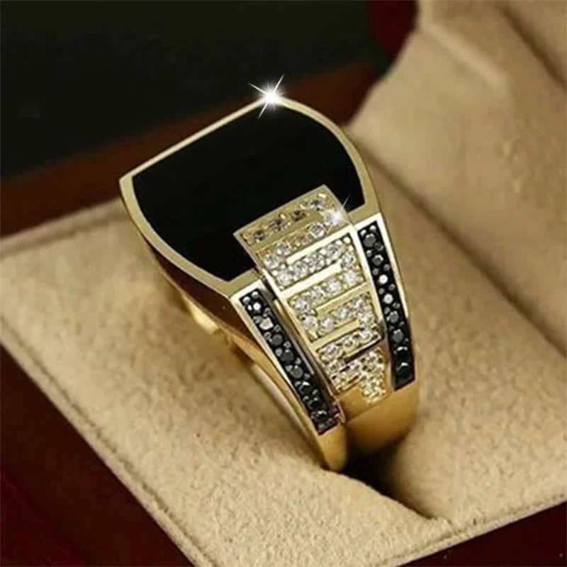 Classic Men’s Gold Color Ring – Inlaid Black Stone Punk Zircon Ring for Engagement & Wedding - Image 6