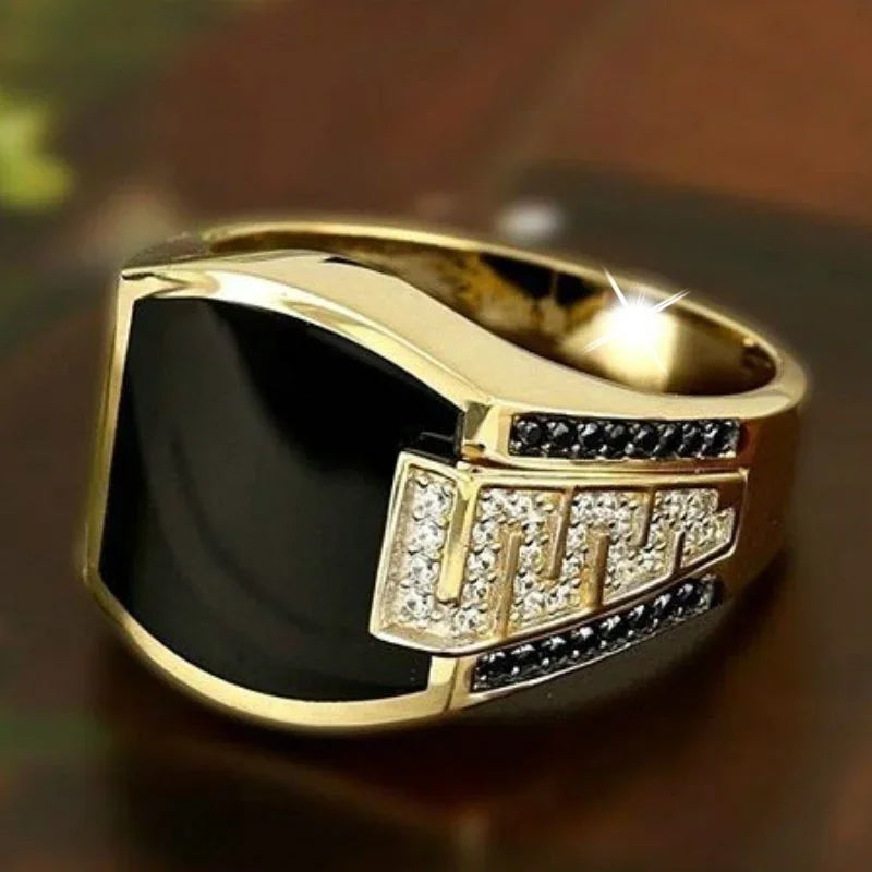 Classic Men’s Gold Color Ring – Inlaid Black Stone Punk Zircon Ring for Engagement & Wedding - Image 4