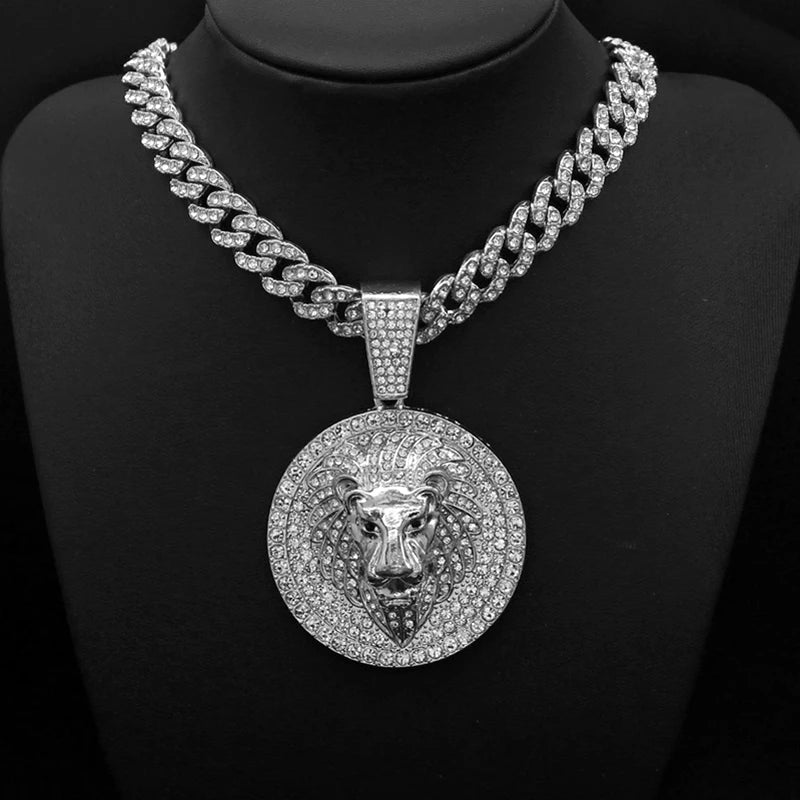 Hip Hop Big Lion Head Pendant Cuban Chain Necklace – Iced Out Rhinestone Jewelry for Men & Women - Image 5