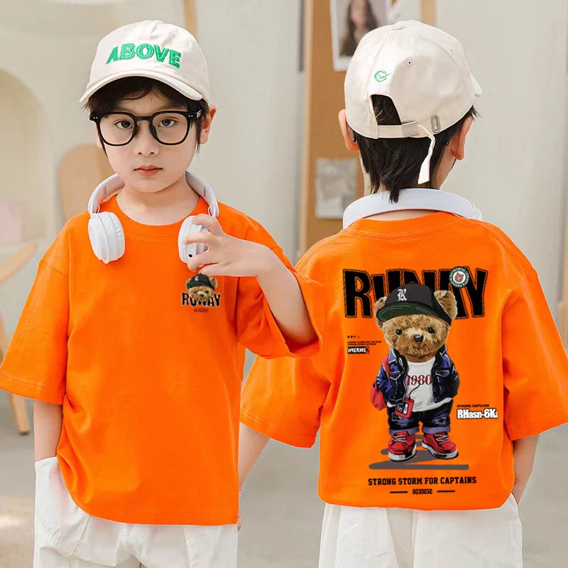 2025 Children's Clothing American Vintage Bear Print Graphic T Shirts Boys Summer Cotton Short-sleeved T-shirt Tops Streetwear - Image 17